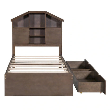 Wood Platform Bed with House-shaped Storage Headboard and 2 Drawer