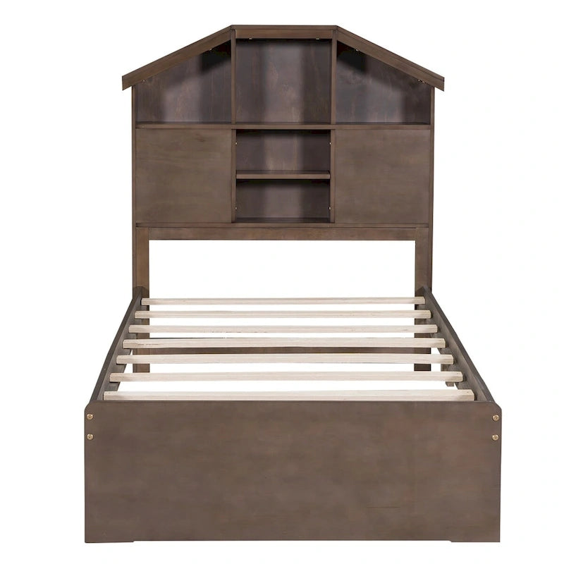 Wood Platform Bed with House-shaped Storage Headboard and 2 Drawer