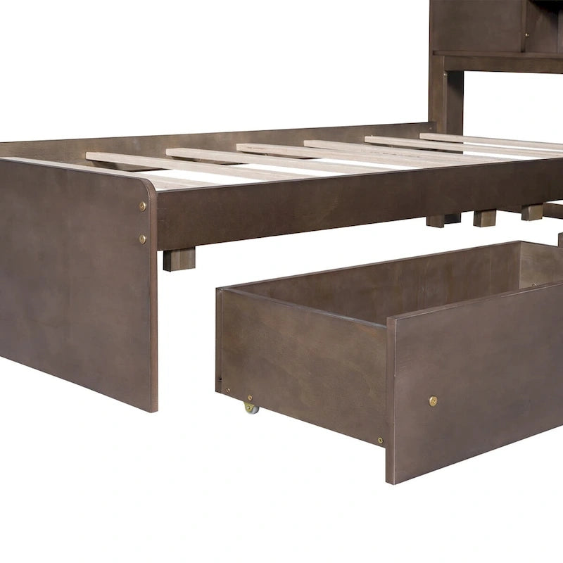 Wood Platform Bed with House-shaped Storage Headboard and 2 Drawer
