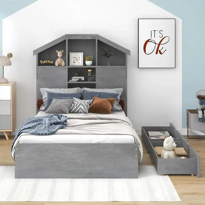 Wood Platform Bed with House-shaped Storage Headboard and 2 Drawer