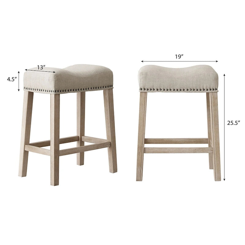 Set of 2 Upholstered Counter Height Backless Saddle Seat Stools