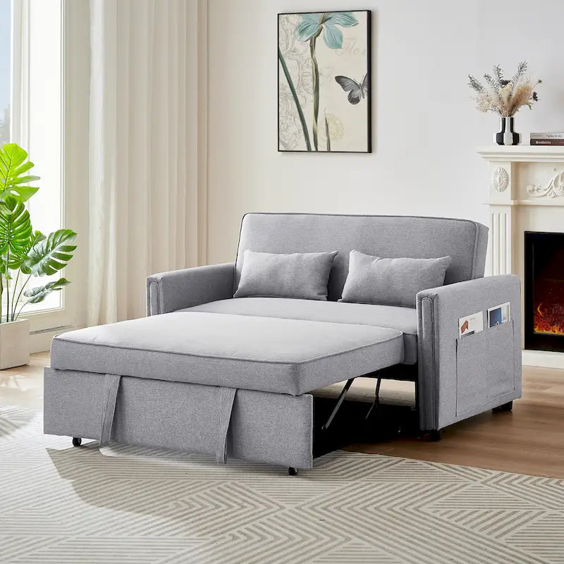 Modern Linen Convertible Loveseat Sleeper Sofa Couch with Adjustable Backrest, Pull-Out Bed and 2 Lumbar Pillows