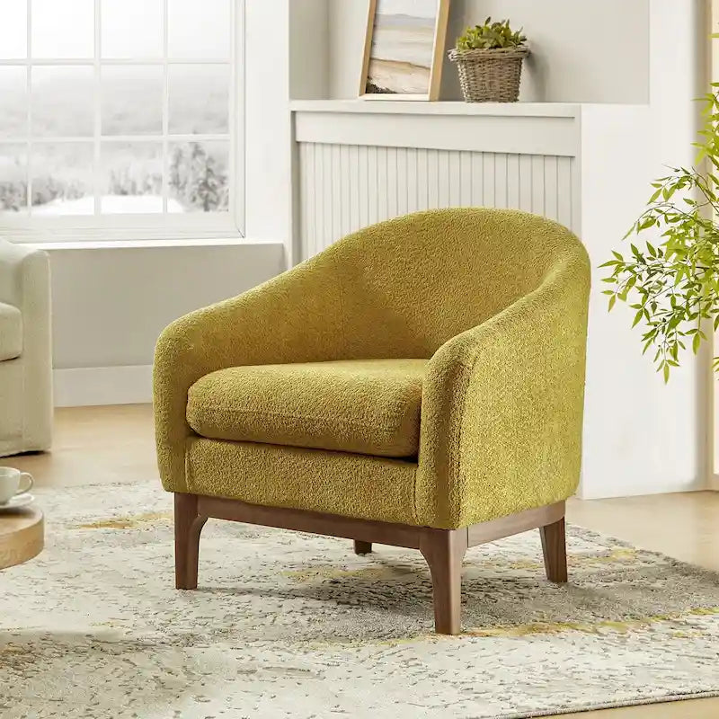 Augus Modern Boucle Accent Barrel Chair with Solid Wood Legs by