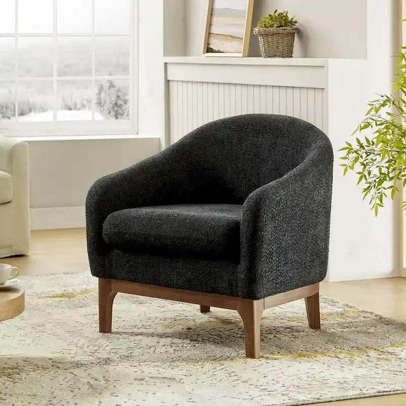 Augus Modern Boucle Accent Barrel Chair with Solid Wood Legs by