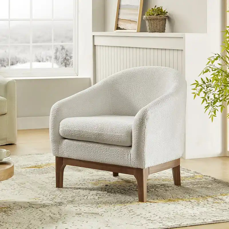 Augus Modern Boucle Accent Barrel Chair with Solid Wood Legs by 