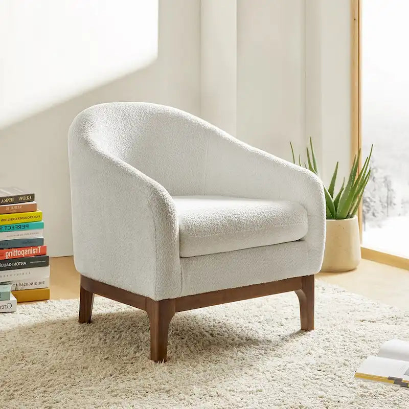 Augus Modern Boucle Accent Barrel Chair with Solid Wood Legs by