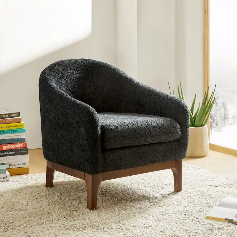 Augus Modern Boucle Accent Barrel Chair with Solid Wood Legs by