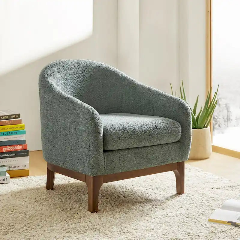 Augus Modern Boucle Accent Barrel Chair with Solid Wood Legs by