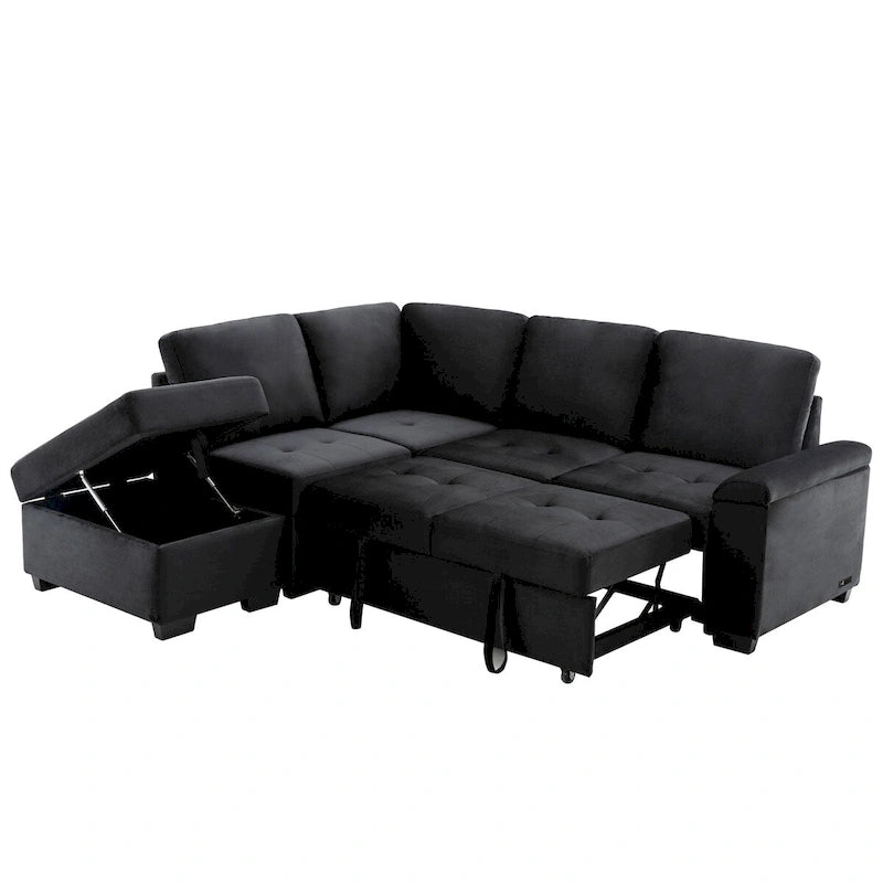 87.4-inch Black L-shaped Sleeper Sectional Sofa with Storage Ottoman, Hidden Arm Storage, and USB Charge