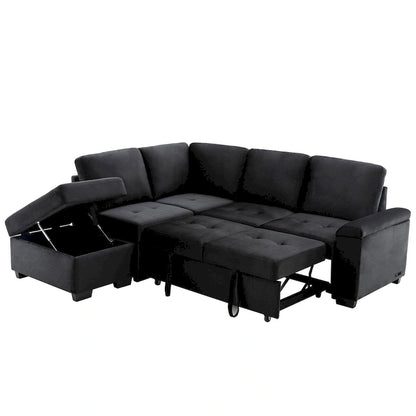 87.4-inch Black L-shaped Sleeper Sectional Sofa with Storage Ottoman, Hidden Arm Storage, and USB Charge