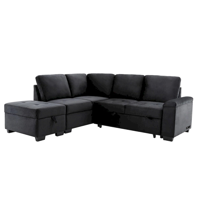 87.4-inch Black L-shaped Sleeper Sectional Sofa with Storage Ottoman, Hidden Arm Storage, and USB Charge