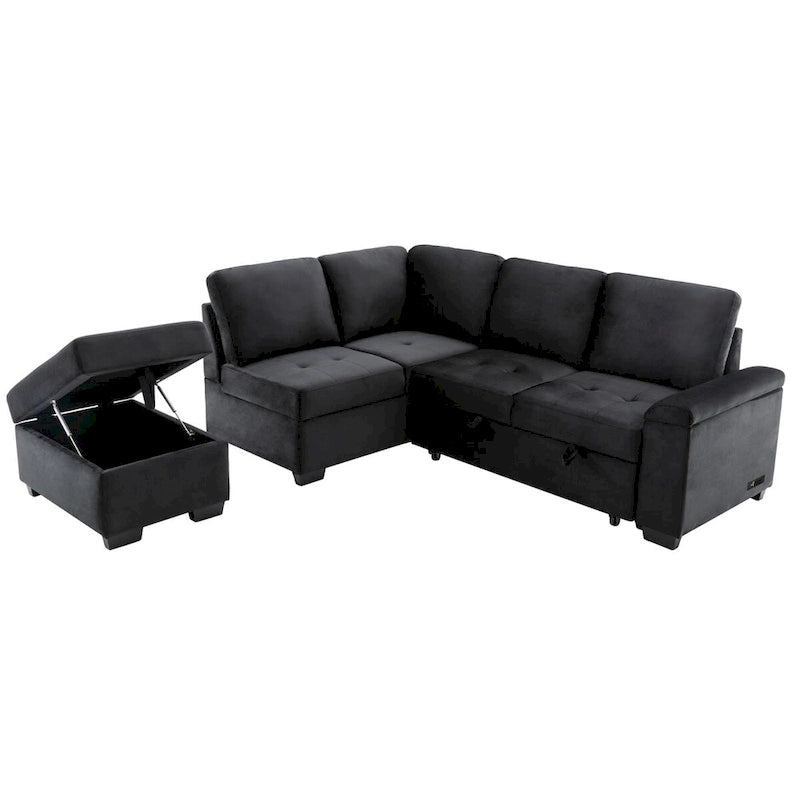 87.4-inch Black L-shaped Sleeper Sectional Sofa with Storage Ottoman, Hidden Arm Storage, and USB Charge