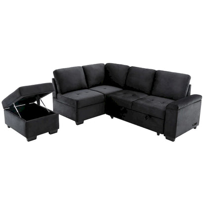 87.4-inch Black L-shaped Sleeper Sectional Sofa with Storage Ottoman, Hidden Arm Storage, and USB Charge