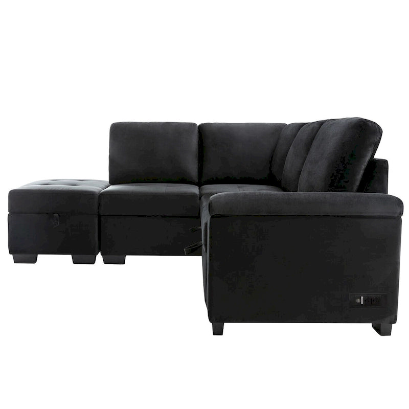 87.4-inch Black L-shaped Sleeper Sectional Sofa with Storage Ottoman, Hidden Arm Storage, and USB Charge