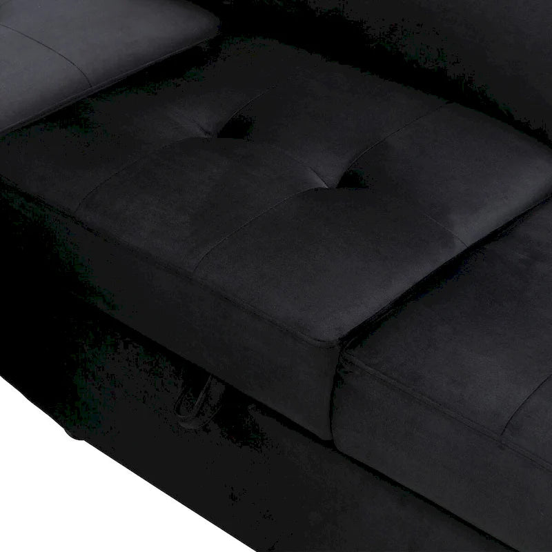 87.4-inch Black L-shaped Sleeper Sectional Sofa with Storage Ottoman, Hidden Arm Storage, and USB Charge