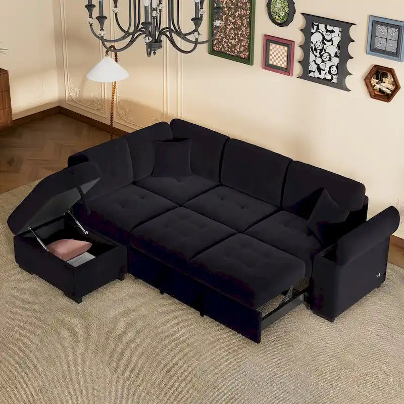 87.4-inch Black L-shaped Sleeper Sectional Sofa with Storage Ottoman, Hidden Arm Storage, and USB Charge