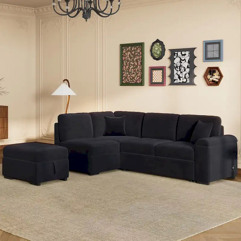 87.4-inch Black L-shaped Sleeper Sectional Sofa with Storage Ottoman, Hidden Arm Storage, and USB Charge