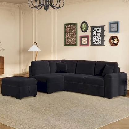 87.4-inch Black L-shaped Sleeper Sectional Sofa with Storage Ottoman, Hidden Arm Storage, and USB Charge