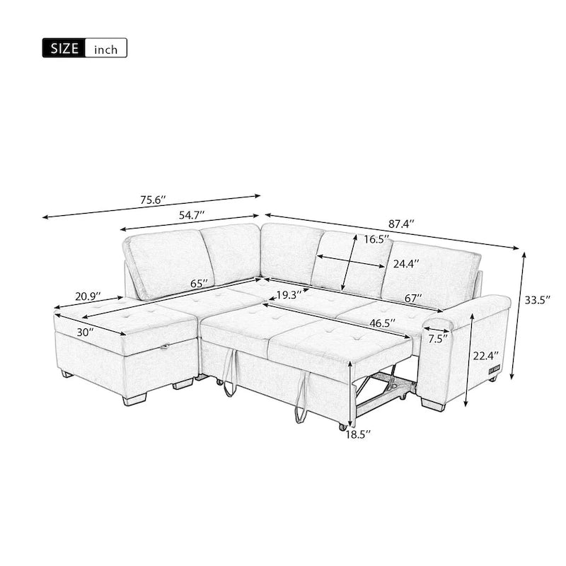 87.4-inch Black L-shaped Sleeper Sectional Sofa with Storage Ottoman, Hidden Arm Storage, and USB Charge