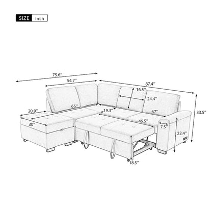 87.4-inch Black L-shaped Sleeper Sectional Sofa with Storage Ottoman, Hidden Arm Storage, and USB Charge
