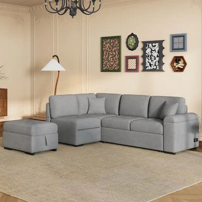 87.4-inch Black L-shaped Sleeper Sectional Sofa with Storage Ottoman, Hidden Arm Storage, and USB Charge