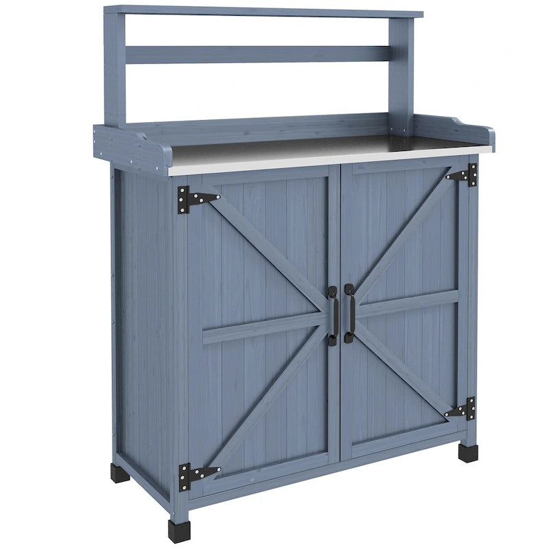 Potting Bench, Wooden Potting Table with Storage Cabinet with 2 Shelves, Garden Work Bench with Galvanized Plated Tabletop