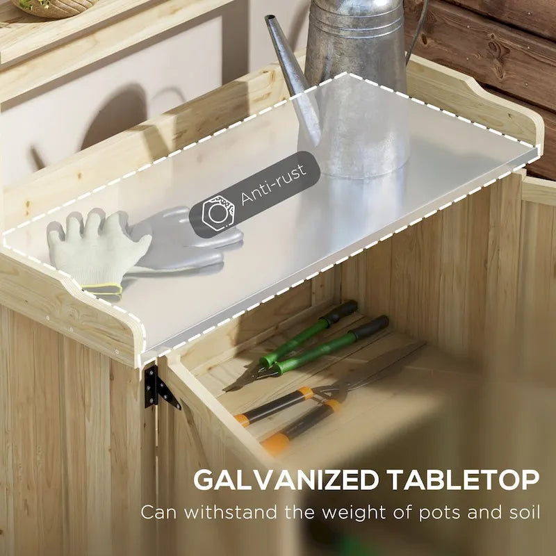 Potting Bench, Wooden Potting Table with Storage Cabinet with 2 Shelves, Garden Work Bench with Galvanized Plated Tabletop