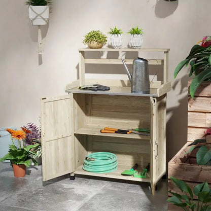 Potting Bench, Wooden Potting Table with Storage Cabinet with 2 Shelves, Garden Work Bench with Galvanized Plated Tabletop