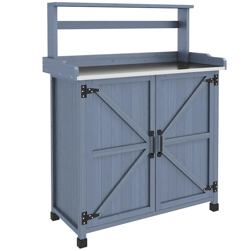 Potting Bench, Wooden Potting Table with Storage Cabinet with 2 Shelves, Garden Work Bench with Galvanized Plated Tabletop