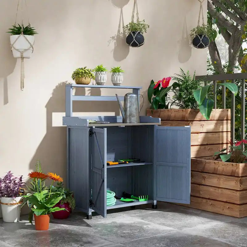 Potting Bench, Wooden Potting Table with Storage Cabinet with 2 Shelves, Garden Work Bench with Galvanized Plated Tabletop