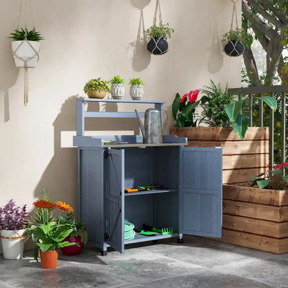Potting Bench, Wooden Potting Table with Storage Cabinet with 2 Shelves, Garden Work Bench with Galvanized Plated Tabletop