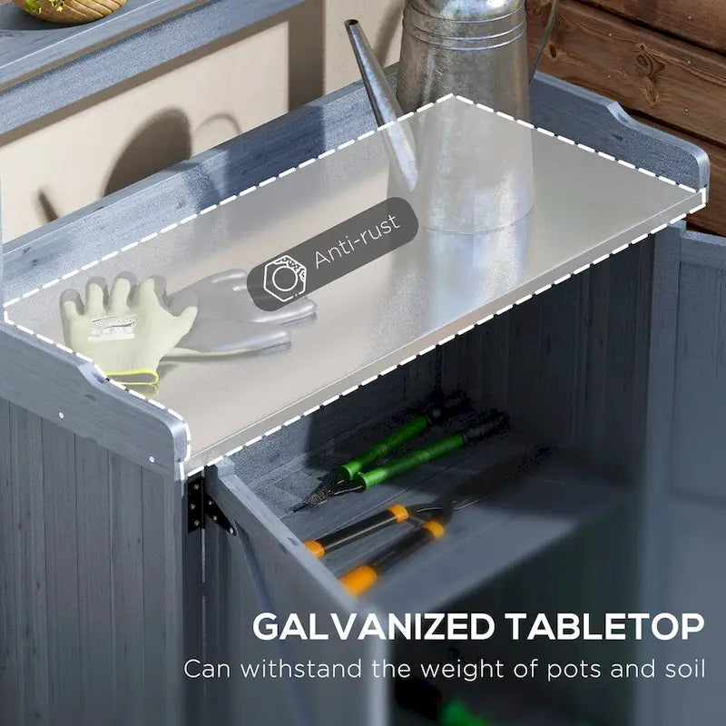 Potting Bench, Wooden Potting Table with Storage Cabinet with 2 Shelves, Garden Work Bench with Galvanized Plated Tabletop