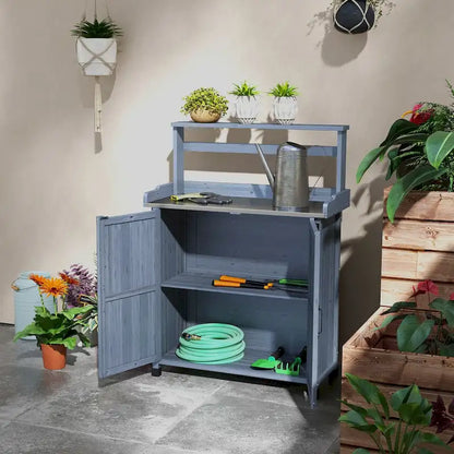 Potting Bench, Wooden Potting Table with Storage Cabinet with 2 Shelves, Garden Work Bench with Galvanized Plated Tabletop