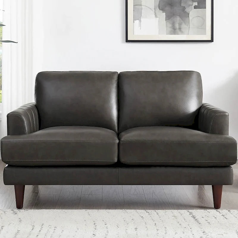 Ivy Living Cassia Top Grain Leather Loveseat with Feather Memory Foam and Springs