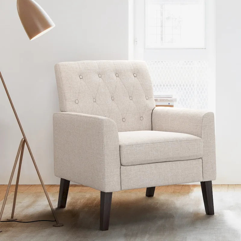 Linen Accent Chair Comfy Living Room Chair with Arms Upholstered Button Tufted Armchair Modern Arm Chairs