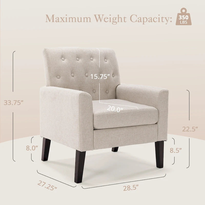 Linen Accent Chair Comfy Living Room Chair with Arms Upholstered Button Tufted Armchair Modern Arm Chairs