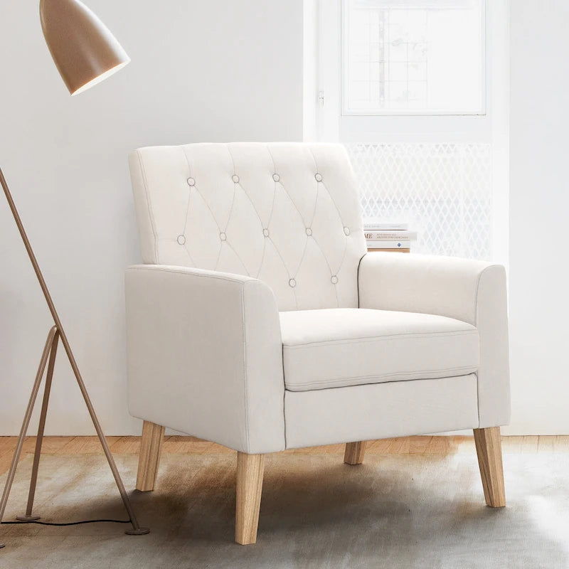 Linen Accent Chair Comfy Living Room Chair with Arms Upholstered Button Tufted Armchair Modern Arm Chairs