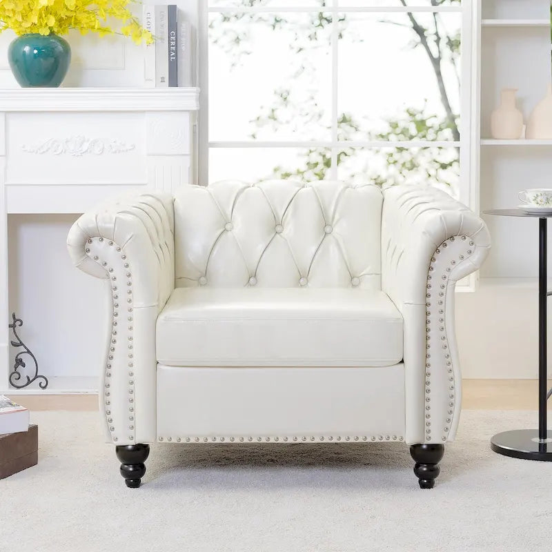 Classically Elegant 84.65 Three-Seater Rolled Arm Chesterfield Sofa in PU Leather - Sturdy Birch Legs, Soft Upholstery