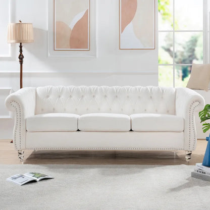 Classically Elegant 84.65 Three-Seater Rolled Arm Chesterfield Sofa in PU Leather - Sturdy Birch Legs, Soft Upholstery