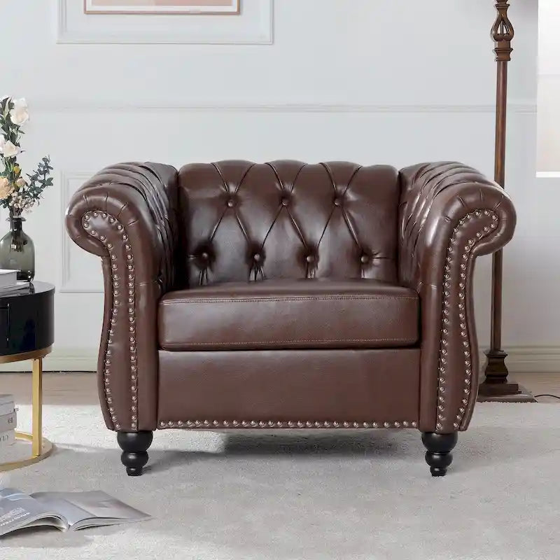 Classically Elegant 84.65 Three-Seater Rolled Arm Chesterfield Sofa in PU Leather - Sturdy Birch Legs, Soft Upholstery