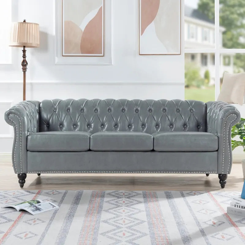 Classically Elegant 84.65 Three-Seater Rolled Arm Chesterfield Sofa in PU Leather - Sturdy Birch Legs, Soft Upholstery