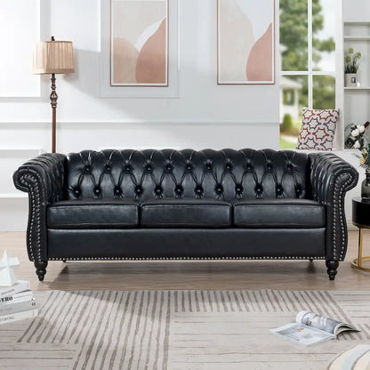 Classically Elegant 84.65 Three-Seater Rolled Arm Chesterfield Sofa in PU Leather - Sturdy Birch Legs, Soft Upholstery