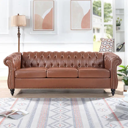 Classically Elegant 84.65 Three-Seater Rolled Arm Chesterfield Sofa in PU Leather - Sturdy Birch Legs, Soft Upholstery