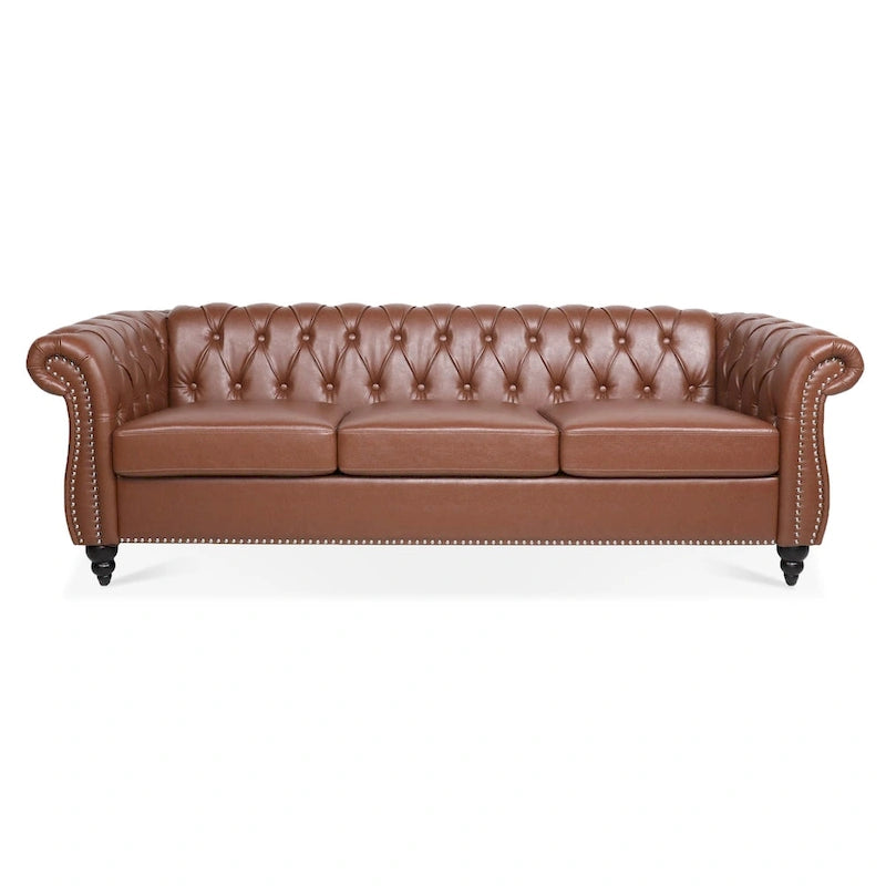 Classically Elegant 84.65 Three-Seater Rolled Arm Chesterfield Sofa in PU Leather - Sturdy Birch Legs, Soft Upholstery