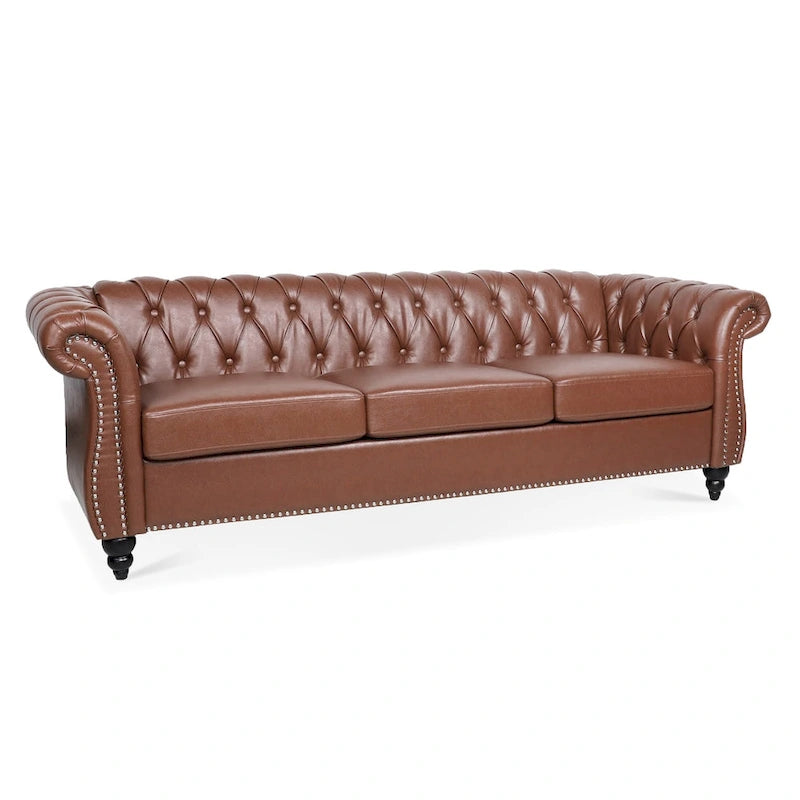Classically Elegant 84.65 Three-Seater Rolled Arm Chesterfield Sofa in PU Leather - Sturdy Birch Legs, Soft Upholstery
