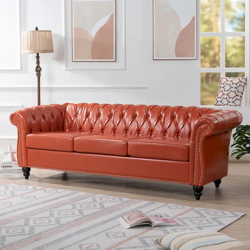 Classically Elegant 84.65 Three-Seater Rolled Arm Chesterfield Sofa in PU Leather - Sturdy Birch Legs, Soft Upholstery