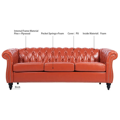 Classically Elegant 84.65 Three-Seater Rolled Arm Chesterfield Sofa in PU Leather - Sturdy Birch Legs, Soft Upholstery