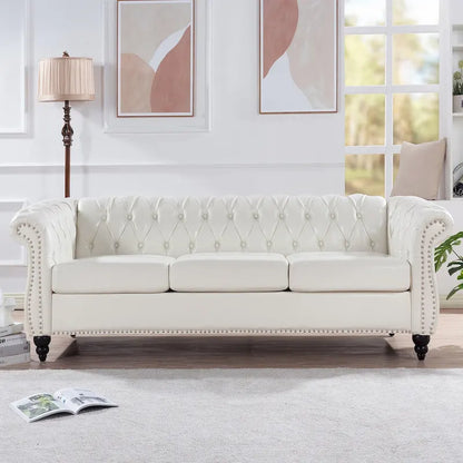 Classically Elegant 84.65 Three-Seater Rolled Arm Chesterfield Sofa in PU Leather - Sturdy Birch Legs, Soft Upholstery