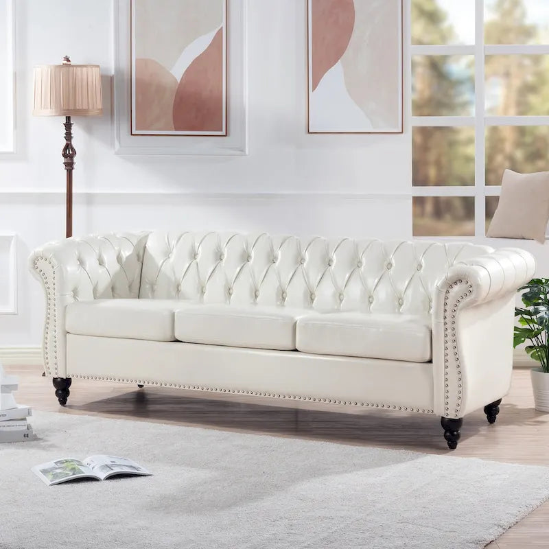 Classically Elegant 84.65 Three-Seater Rolled Arm Chesterfield Sofa in PU Leather - Sturdy Birch Legs, Soft Upholstery