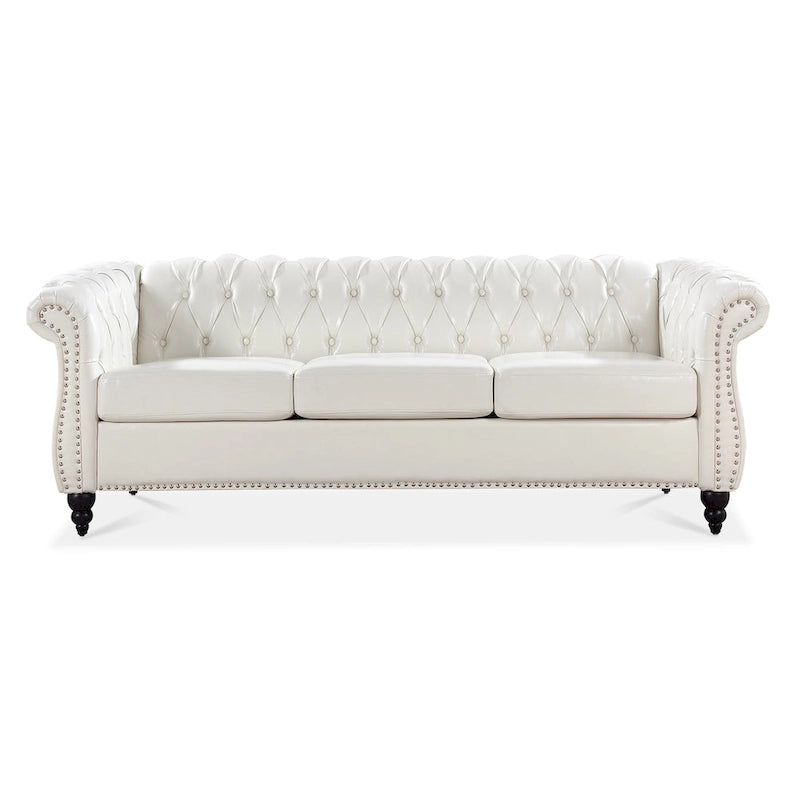 Classically Elegant 84.65 Three-Seater Rolled Arm Chesterfield Sofa in PU Leather - Sturdy Birch Legs, Soft Upholstery